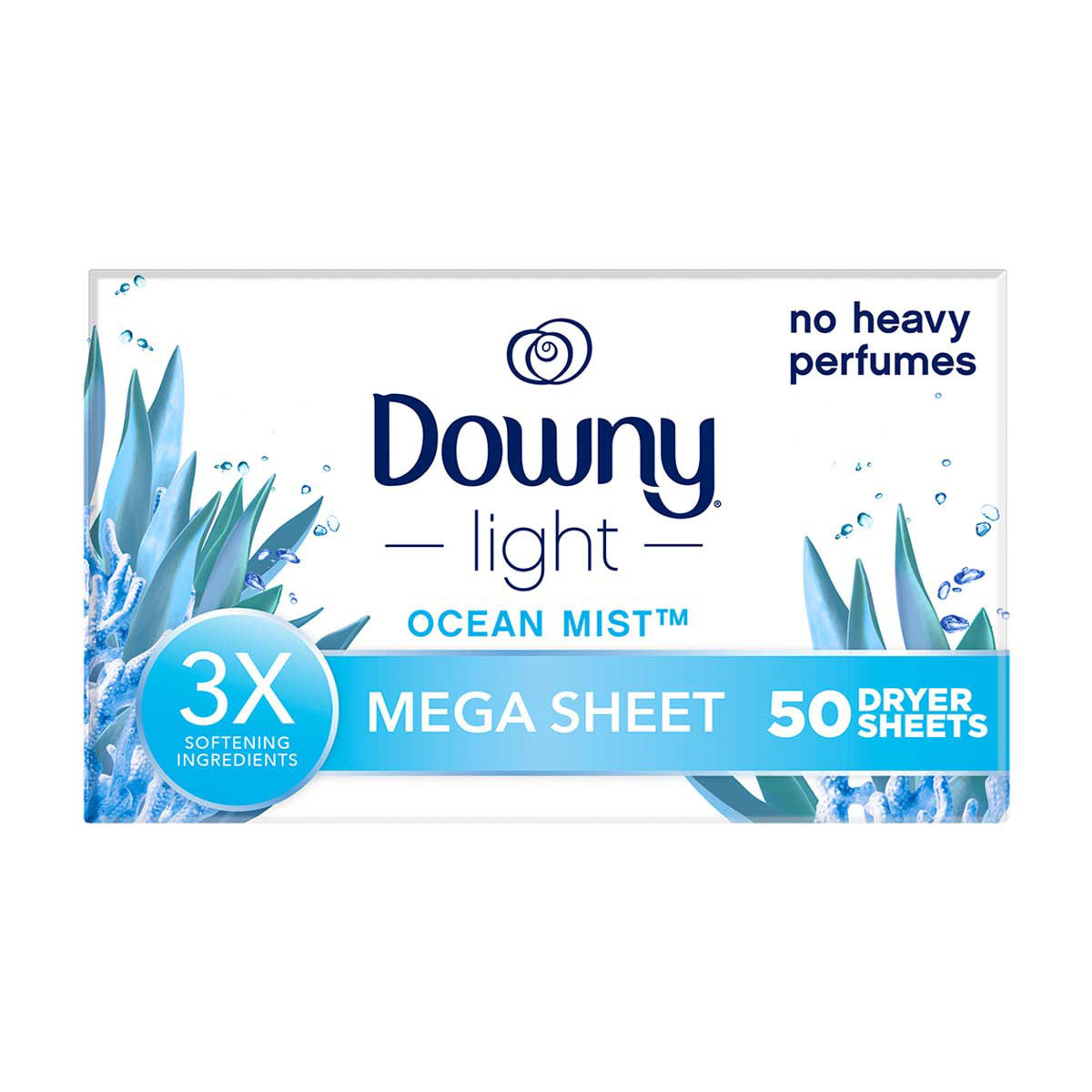 Downy Light Mega Dryer Sheets, Fabric Softener Dryer Sheets, Ocean Mist, 50 Count