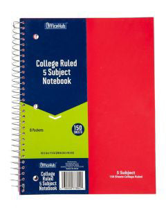 Office Hub College Ruled 5 Subject Spiral Notebook, Assorted