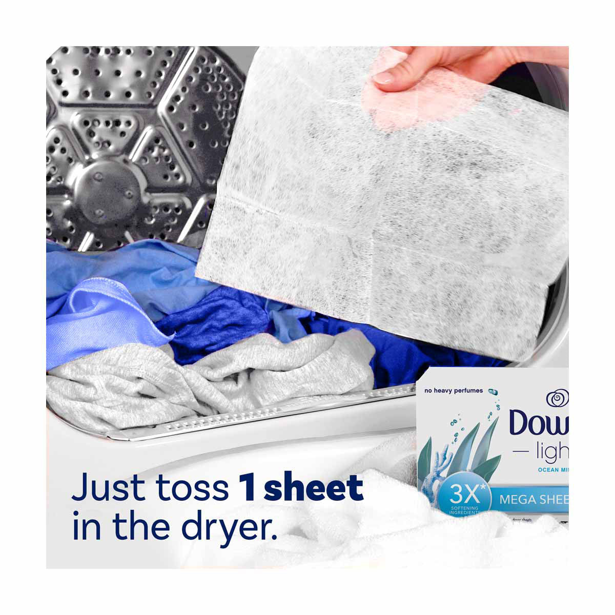 Downy Light Mega Dryer Sheets, Fabric Softener Dryer Sheets, Ocean Mist, 50 Count