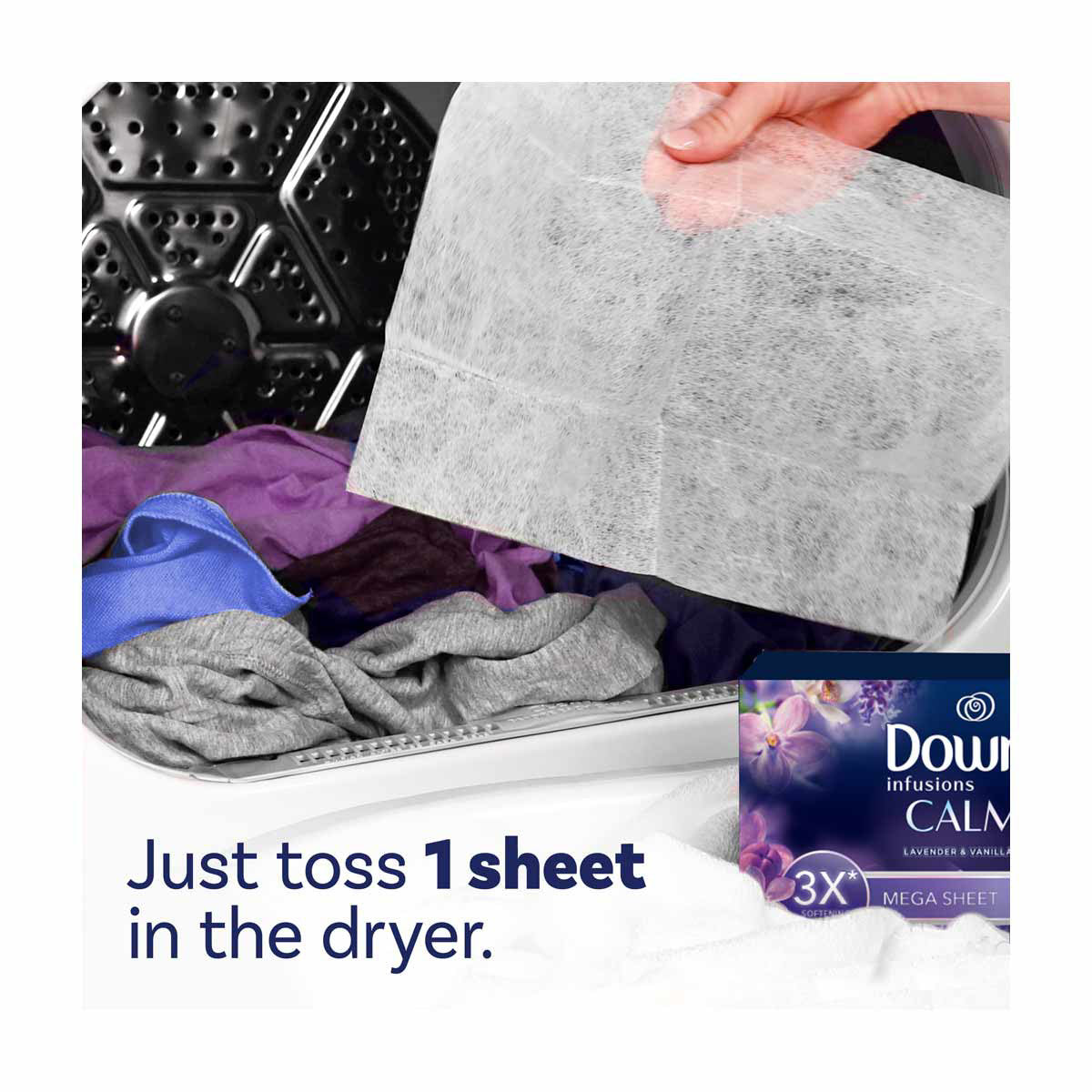 Downy Infusions Mega Dryer Sheets, Laundry Fabric Softener, CALM, Lavender and Vanilla Bean, 50 Count