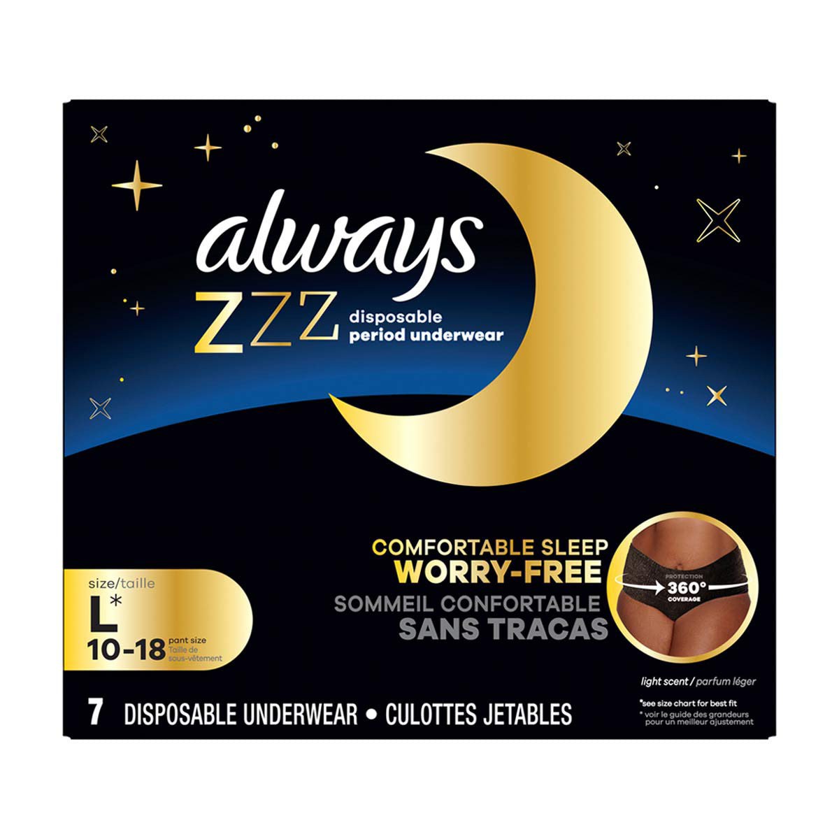 Always ZZZ Overnight Disposable Period Underwear for Women Sz L, 360° Coverage for Worry-Free Nights, 7 Count