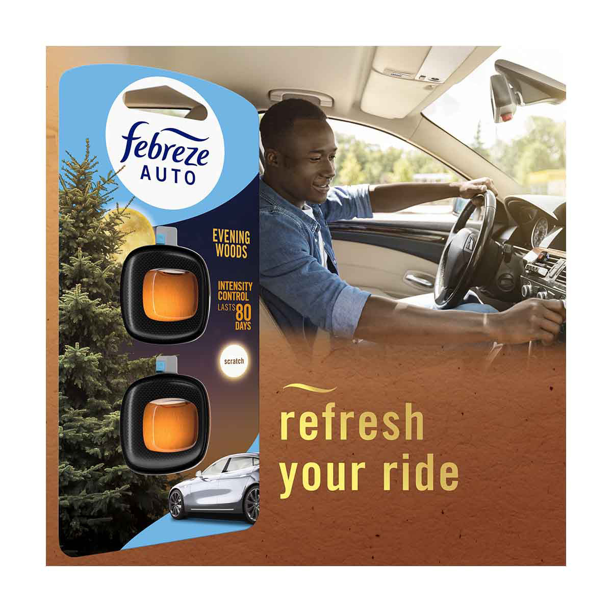 Febreze AUTO Air Freshener, Odor-Fighting Automotive Vent Clip, Evening Woods Scent, 1 Count