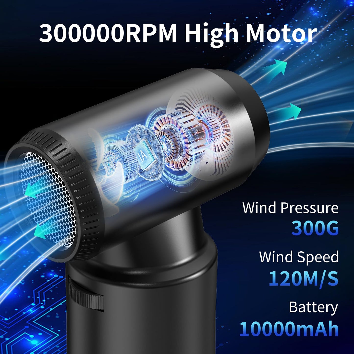 Compressed Air Duster - Aluminum Alloy Shell, 300,000RPM High-Speed Cordless Electric Air Duster | 3-Gear Adjustable with LED Flashlight & Brushless Motor | Dust Blower for Keyboard, PC, Car and Home
