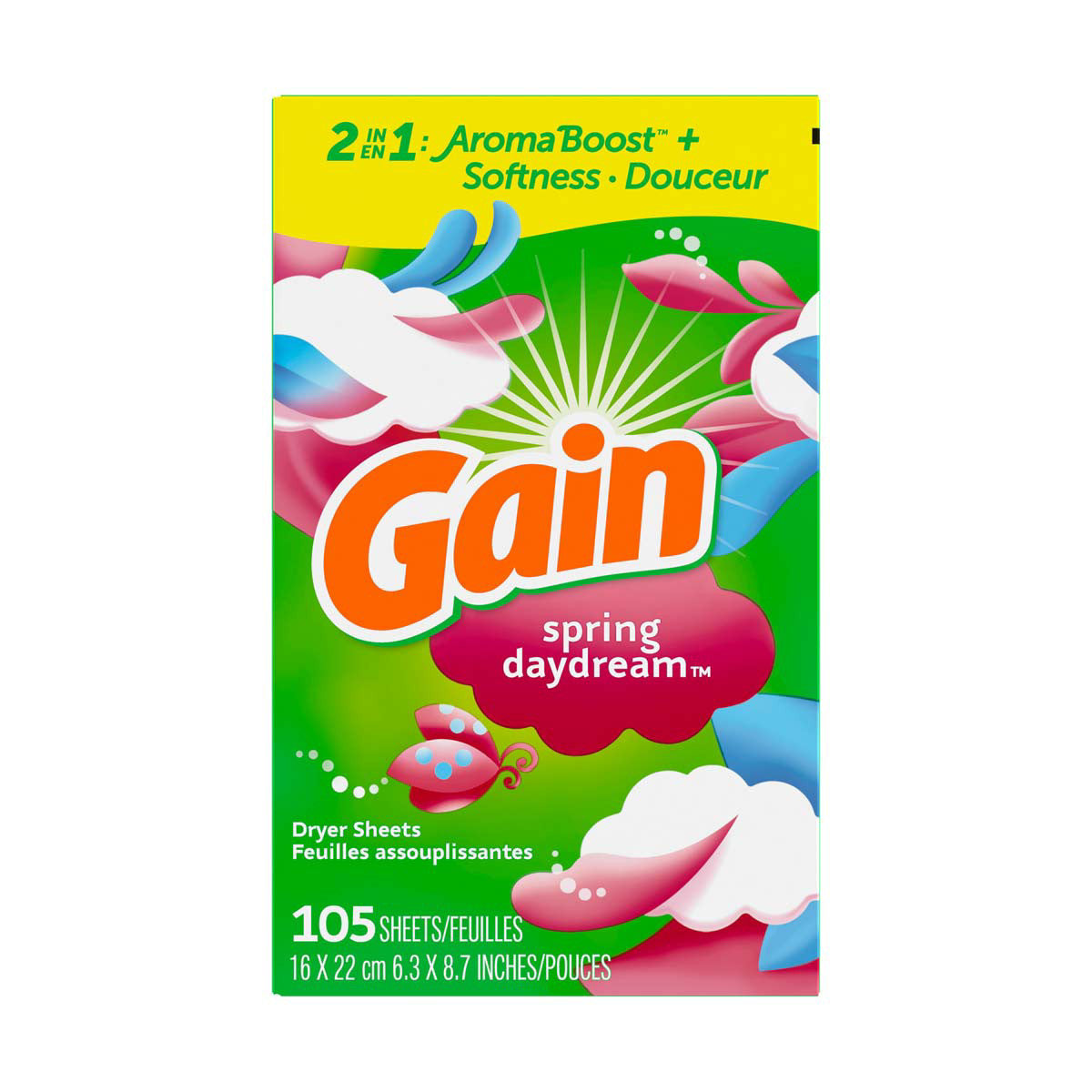 Gain dryer sheets, 105 Count, Original Scent Laundry Fabric Softener Sheets with 2-in-1 Aromaboost Plus Softness