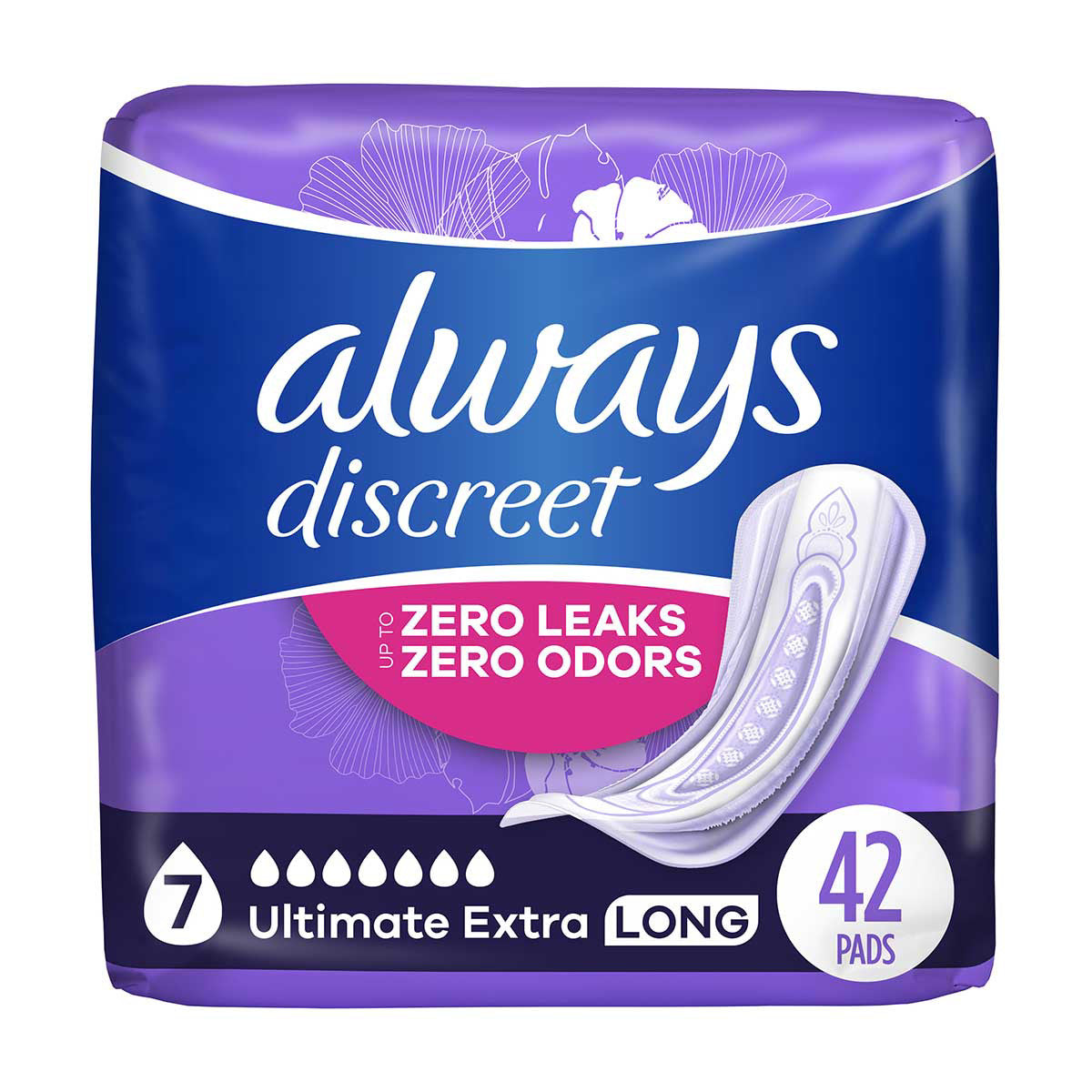 Always Discreet Adult Incontinence Pads for Women, Ultimate Extra Protect Absorbency, Long Length, Postpartum Pads, 42 CT