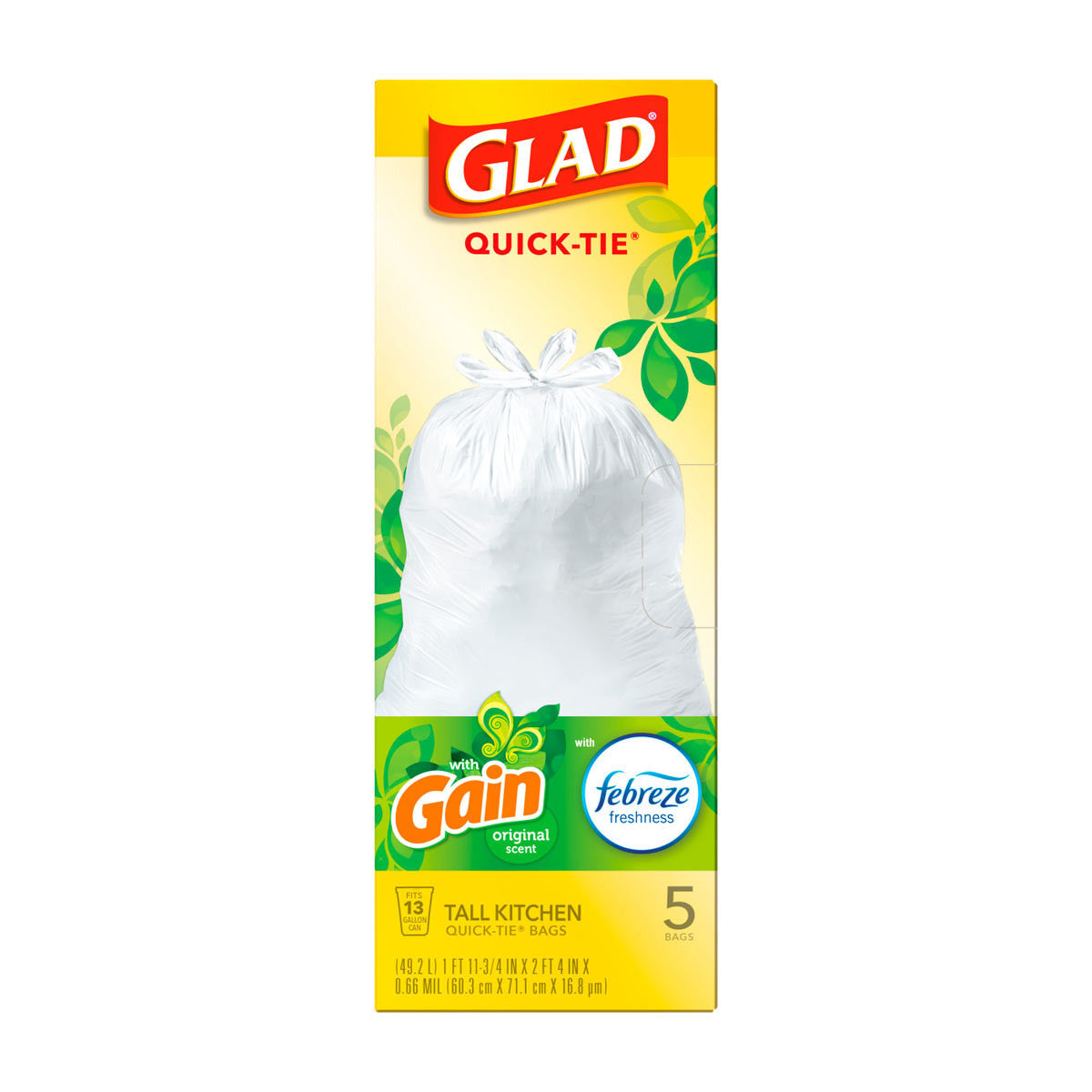 Glad Quick-Tie Tall Kitchen Trash Bags, Gain Original Scent, 13 Gallon, 5 ct