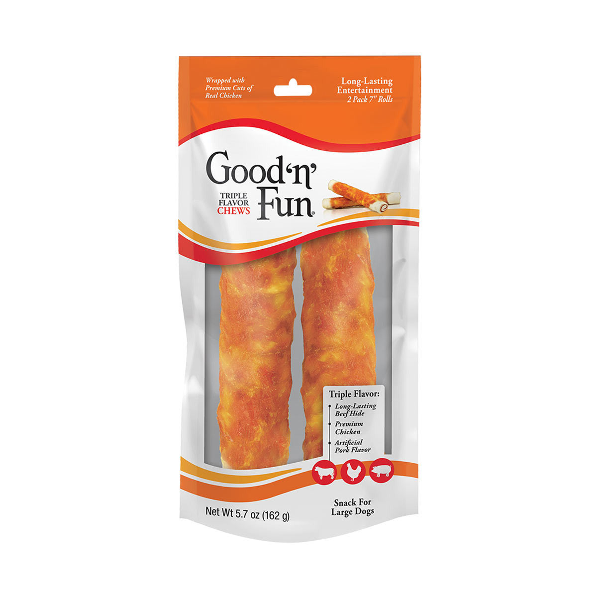 Good ’n’ Fun Triple Flavor 7 Inch Rolls, Rawhide Chews for Dogs, 2 ct