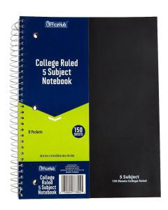 Office Hub College Ruled 5 Subject Spiral Notebook, Assorted