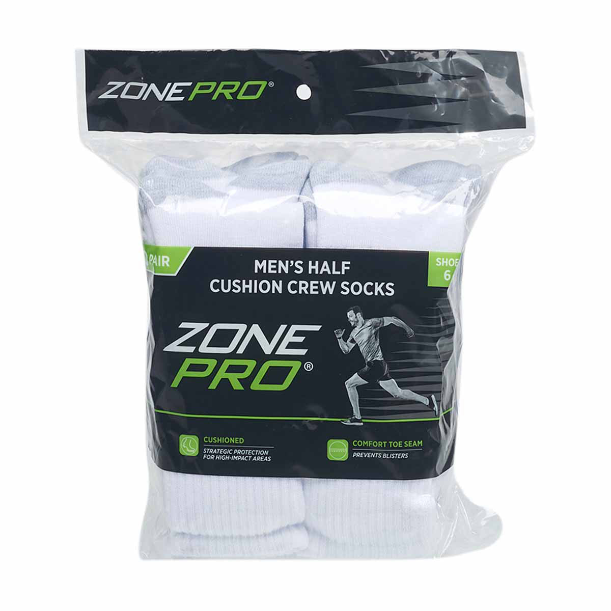 Zone Pro Men's Half Cushion Crew Socks, White, Shoe Size 6 - 12, 10 pk