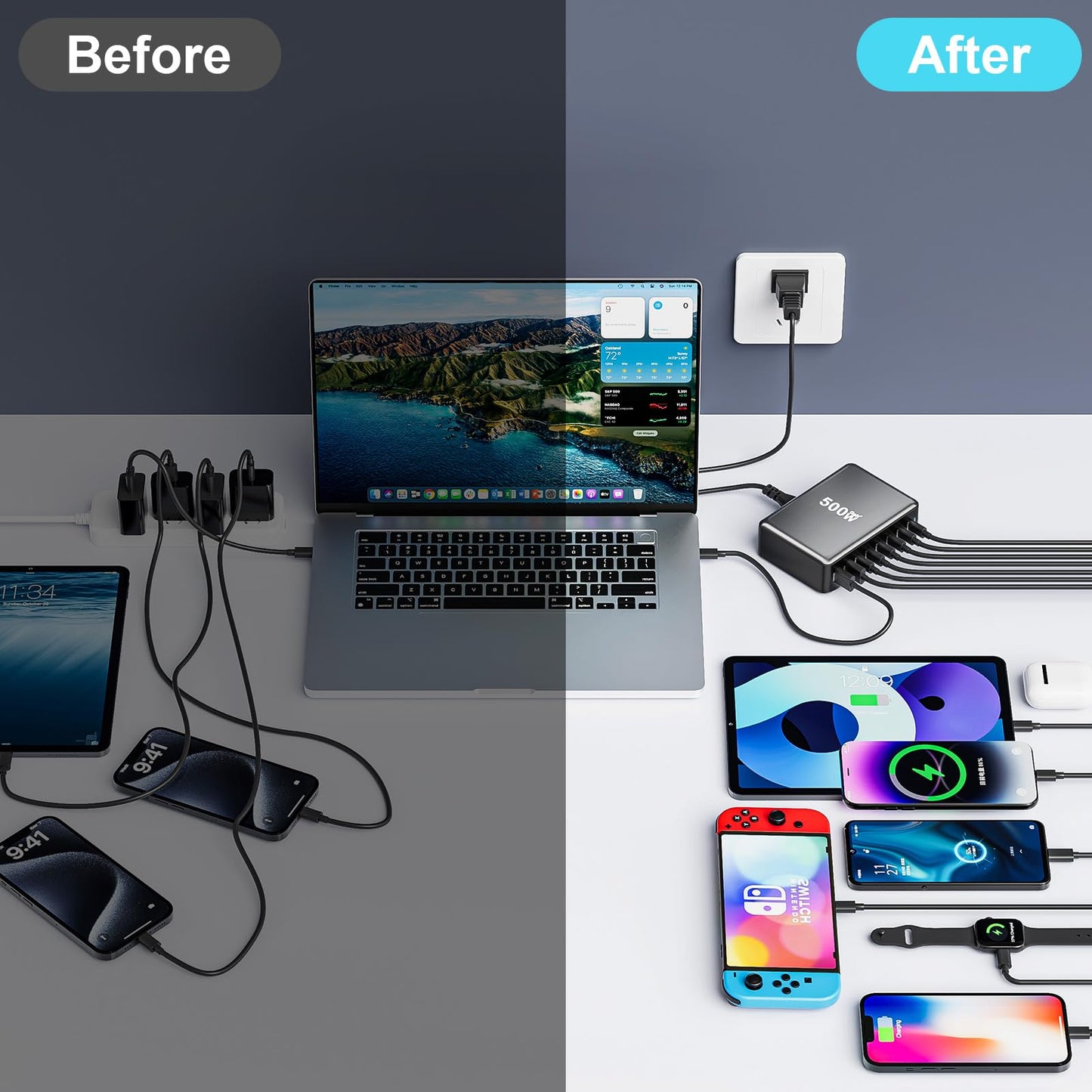 500W USB C Fast Charger Block, 8 Port USB Charging Station, GaN Ⅲ Pro Double 100W PD PPS Port Fast Charging Station for Multiple Devices,Laptop Wall Charger Compatible with MacBook/iPhone 16/iPad etc