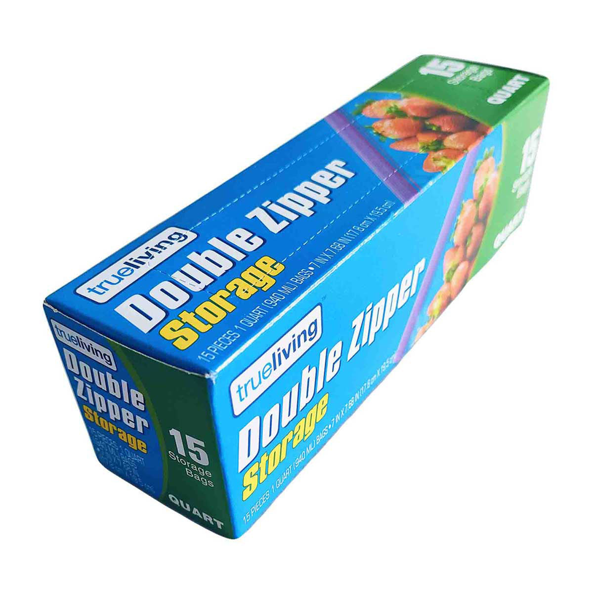 TrueLiving Double Zipper Storage Bags, Quart Size, 15 ct