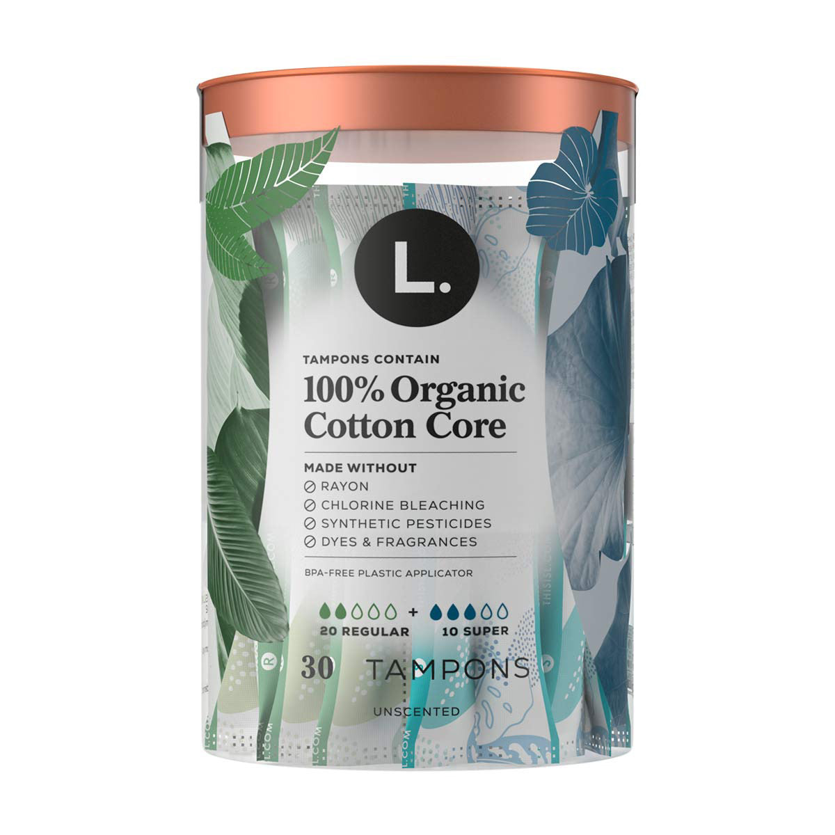 L. Cotton Tampons Regular/Super Absorbency Multipack, Free from Chlorine Bleaching, Pesticides, Fragrances, or Dyes, 30 Count