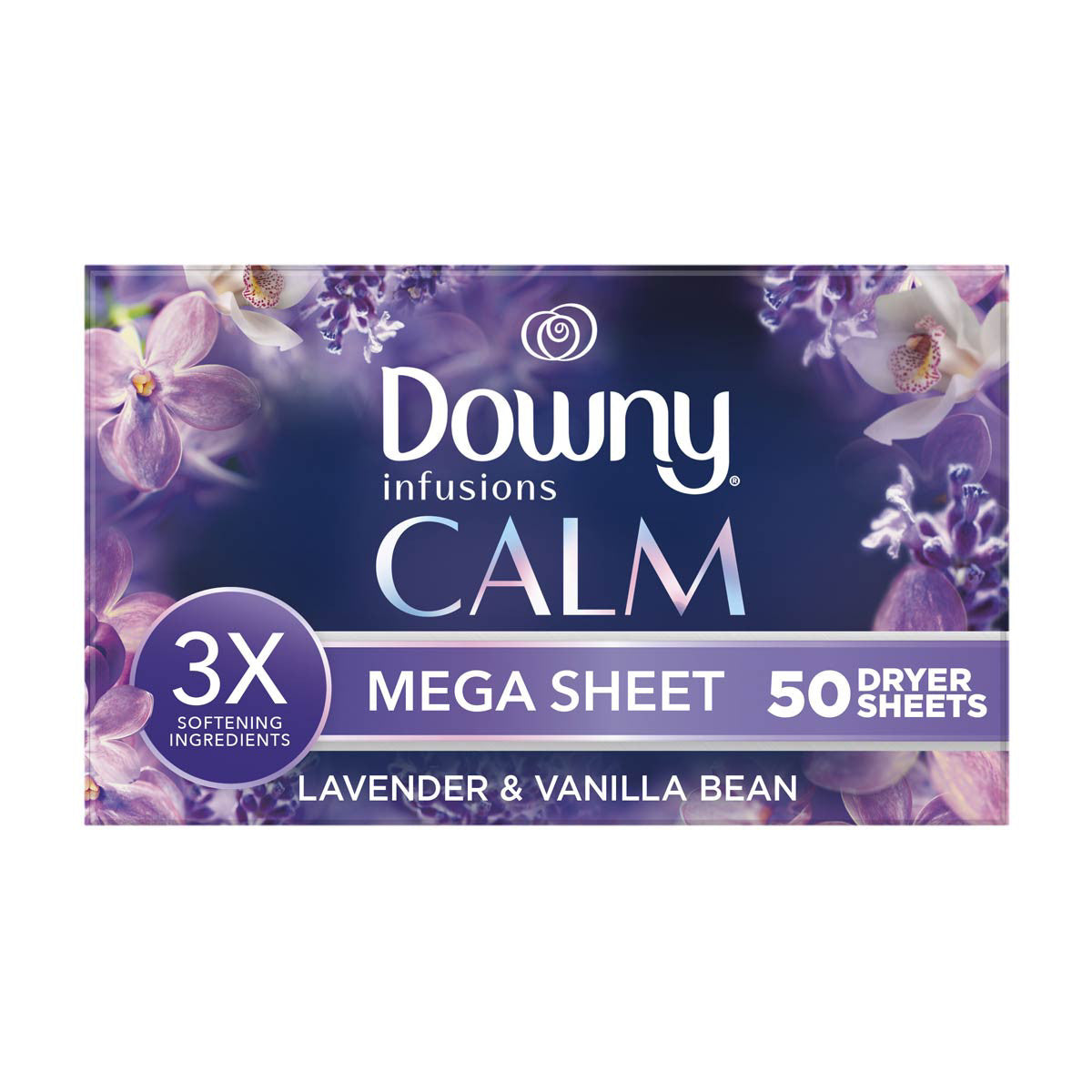 Downy Infusions Mega Dryer Sheets, Laundry Fabric Softener, CALM, Lavender and Vanilla Bean, 50 Count