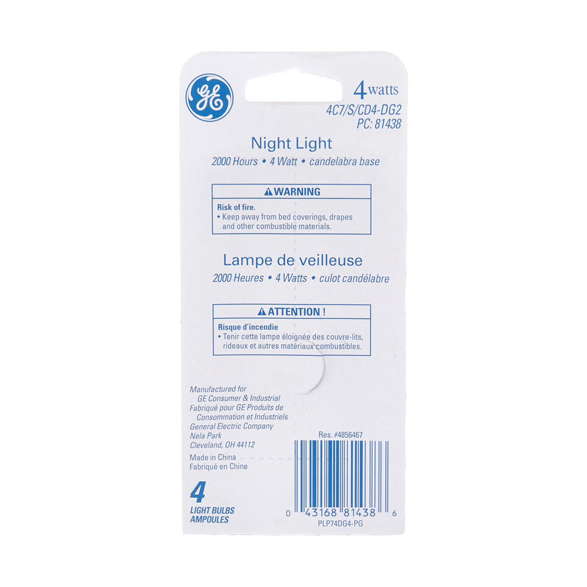 GE 4W Night Light Clear, 4 count