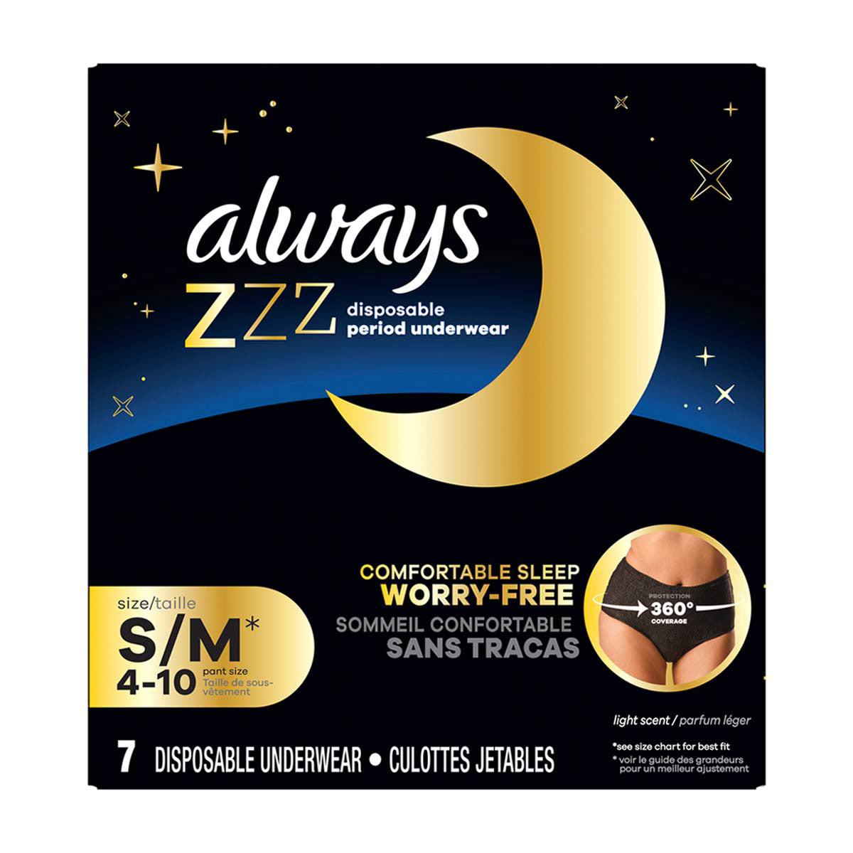 Always ZZZ Overnight Disposable Period Underwear for Women Sz S-M, 360° Coverage for Worry-Free Nights, 7 Count