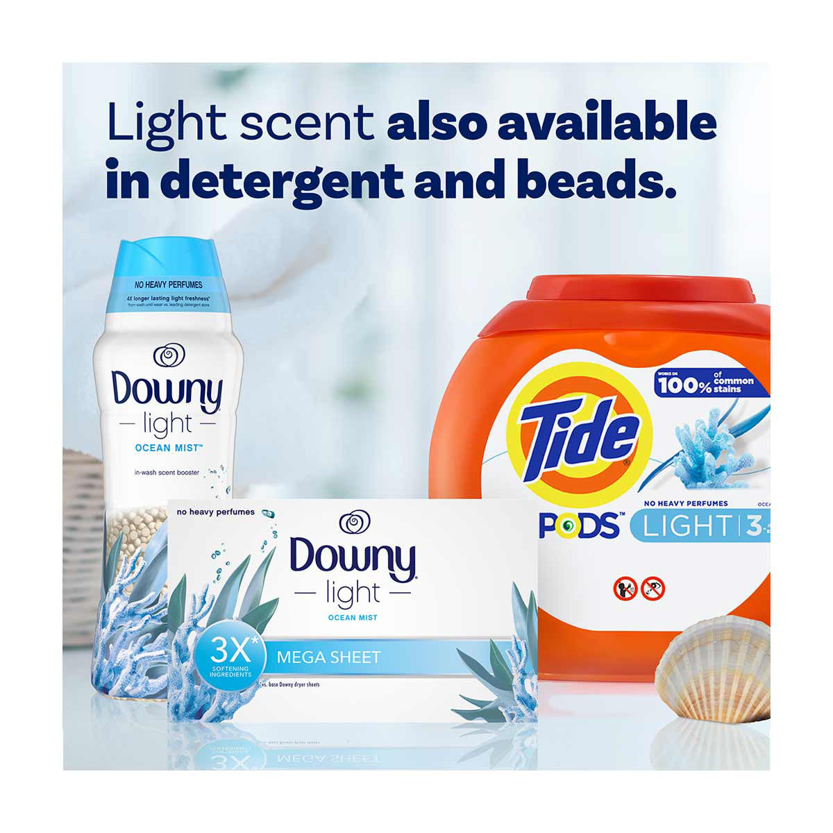 Downy Light Mega Dryer Sheets, Fabric Softener Dryer Sheets, Ocean Mist, 50 Count