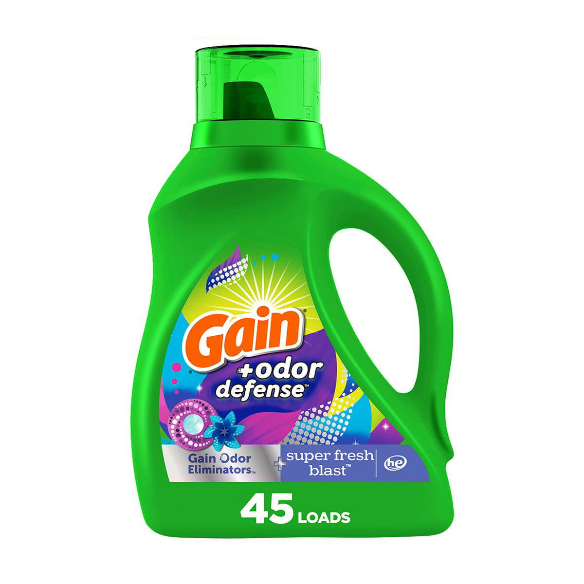 Gain Odor Defense Liquid Laundry Detergent, Super Fresh Blast Scent, 65 fl oz, 45 loads, 2 in 1, Laundry Detergent Liquid Soap, HE compatible