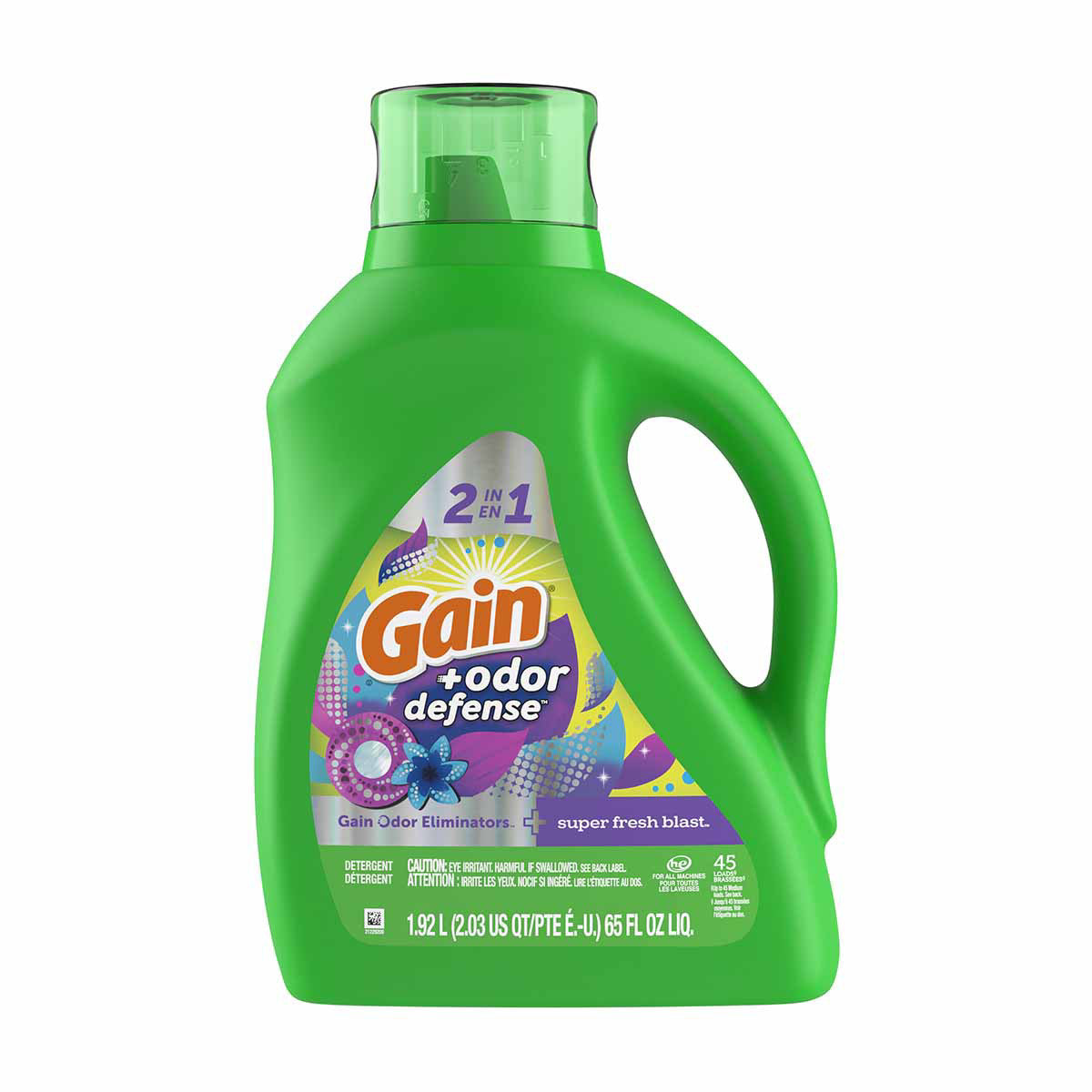 Gain Odor Defense Liquid Laundry Detergent, Super Fresh Blast Scent, 65 fl oz, 45 loads, 2 in 1, Laundry Detergent Liquid Soap, HE compatible