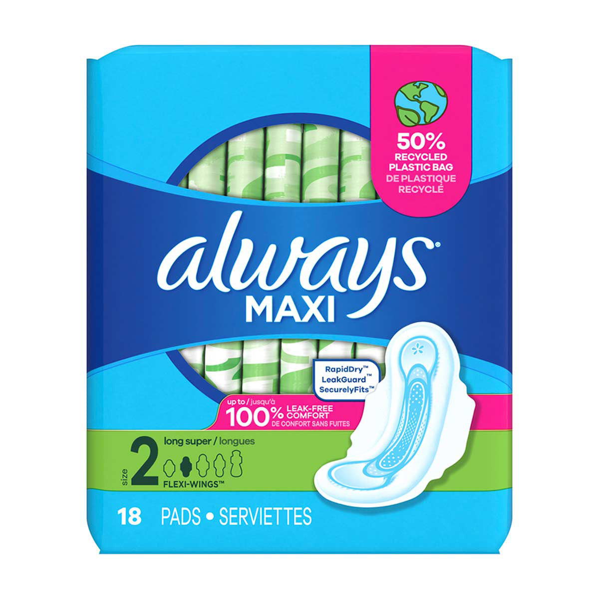Always Maxi Pads with Wings, Size 2 Long Super, 18 ct