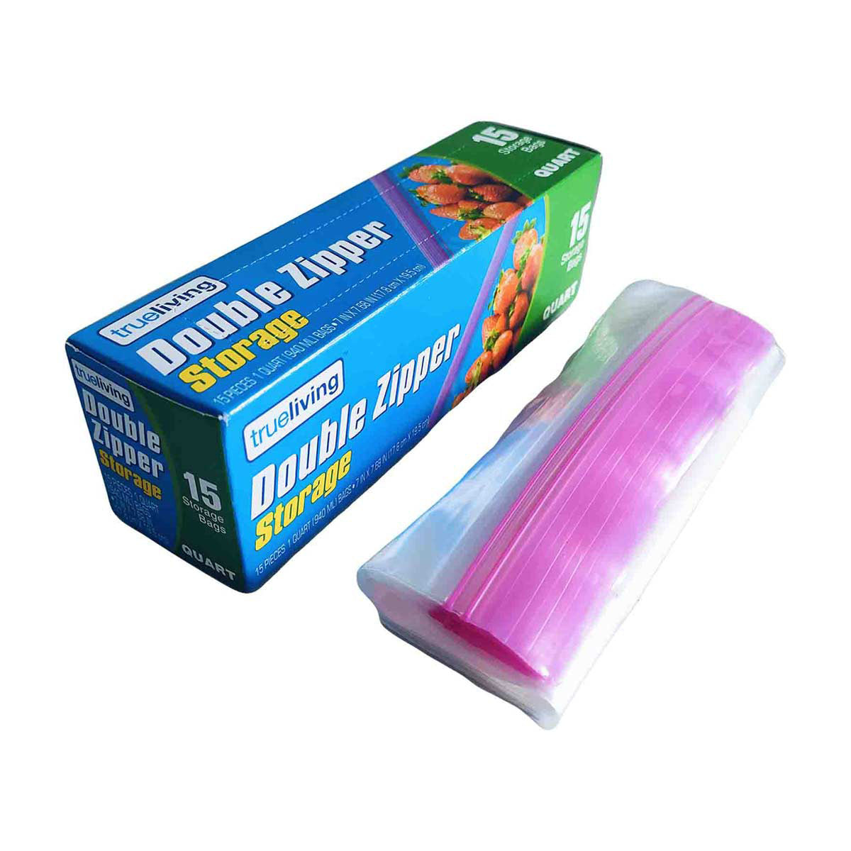 TrueLiving Double Zipper Storage Bags, Quart Size, 15 ct