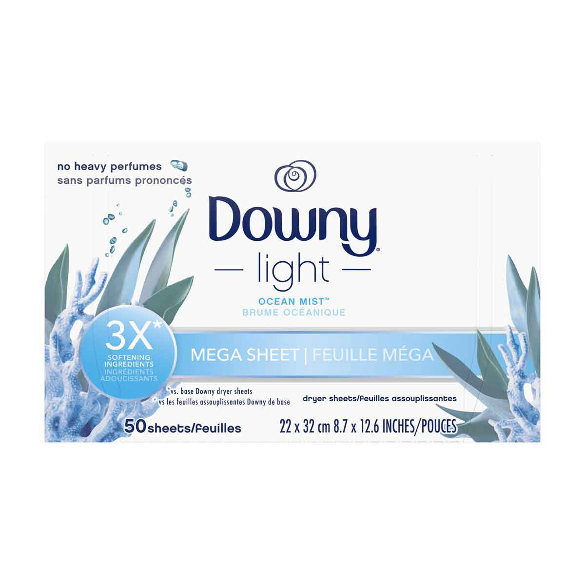 Downy Light Mega Dryer Sheets, Fabric Softener Dryer Sheets, Ocean Mist, 50 Count