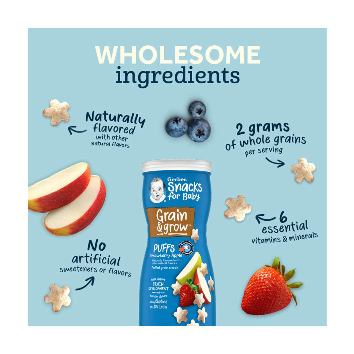 Gerber Snacks for Baby Grain & Grow Puffs, Strawberry Apple, 1.48 oz Canister, 1 ct