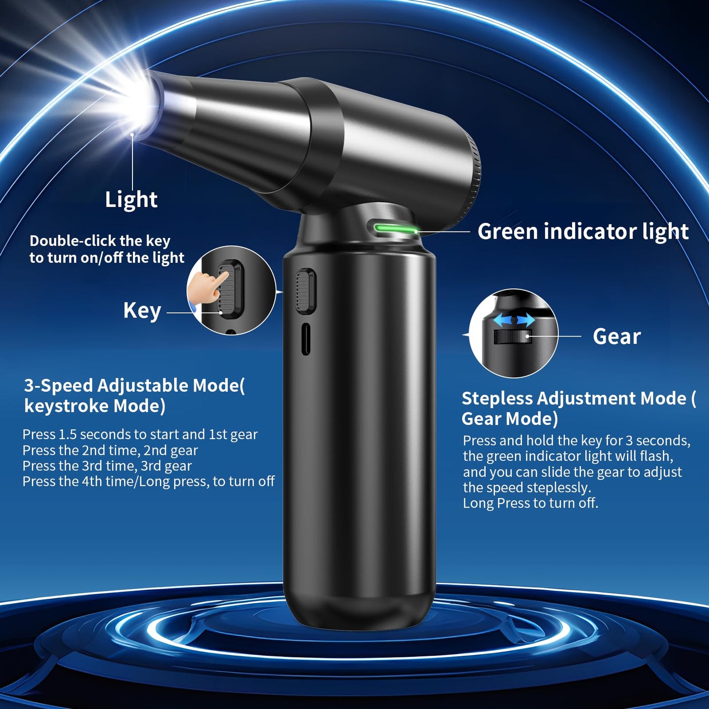 Compressed Air Duster - Aluminum Alloy Shell, 300,000RPM High-Speed Cordless Electric Air Duster | 3-Gear Adjustable with LED Flashlight & Brushless Motor | Dust Blower for Keyboard, PC, Car and Home