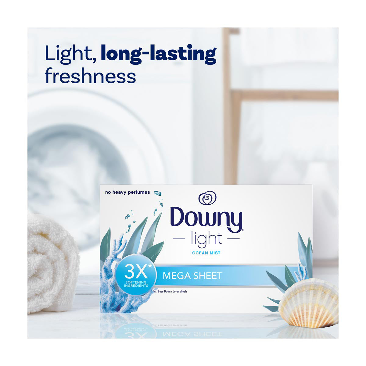 Downy Light Mega Dryer Sheets, Fabric Softener Dryer Sheets, Ocean Mist, 50 Count