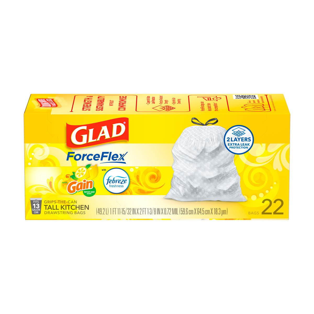 Glad ForceFlex Drawstring Tall Kitchen Scented Trash Bags, 13 gal - 22 ct