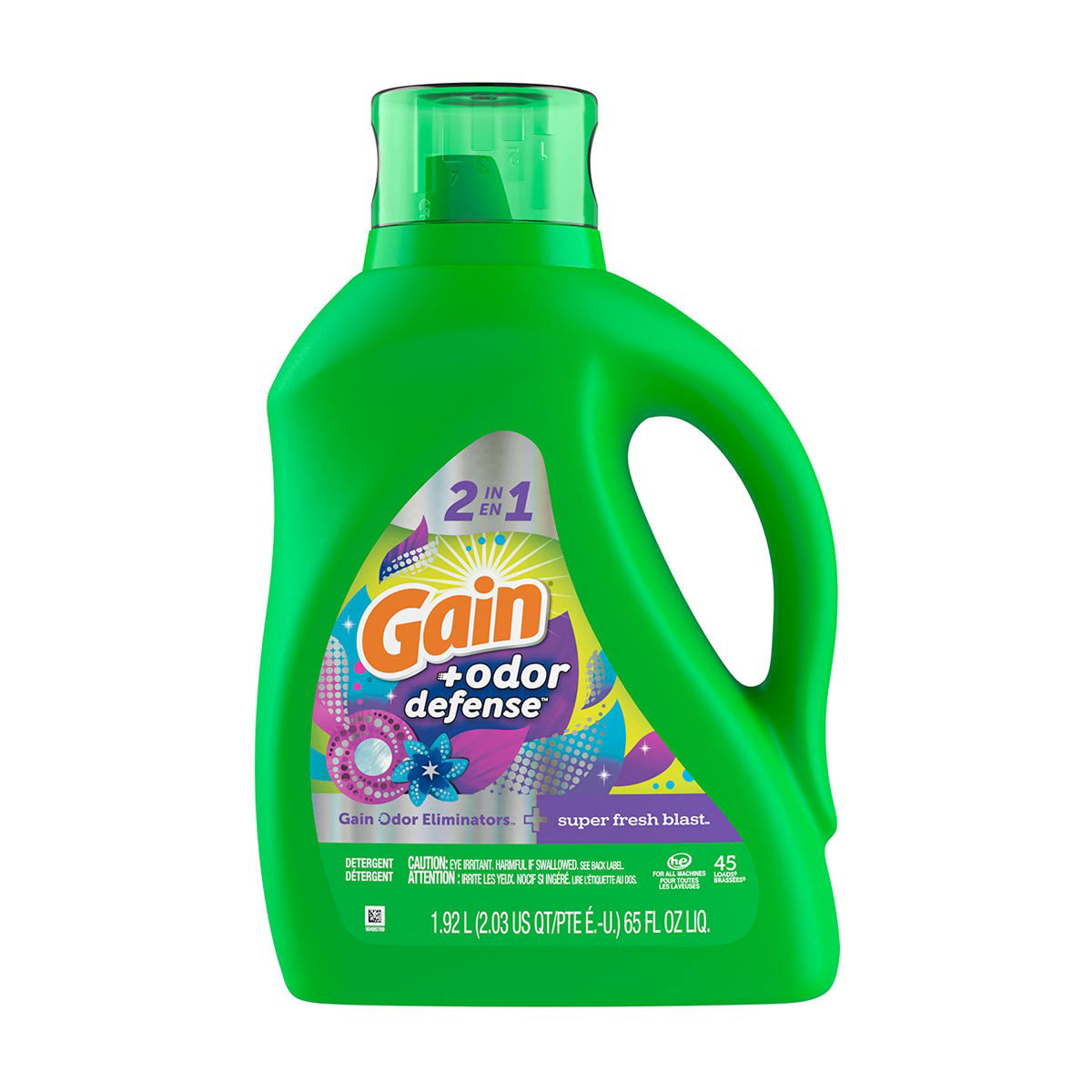 Gain Odor Defense Liquid Laundry Detergent, Super Fresh Blast Scent, 65 fl oz, 45 loads, 2 in 1, Laundry Detergent Liquid Soap, HE compatible