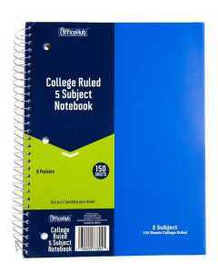 Office Hub College Ruled 5 Subject Spiral Notebook, Assorted