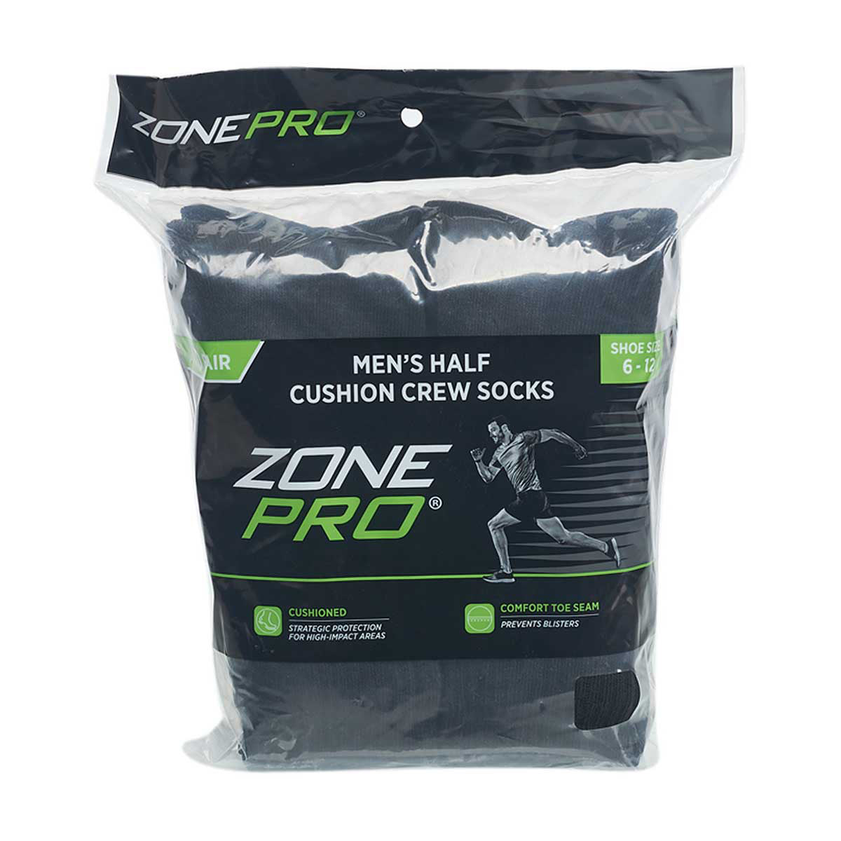 Zone Pro Men's Half Cushion Crew Socks, Shoe Size 6-12, Black, 10 pk