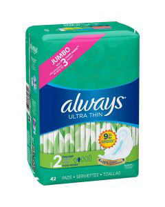 Always Ultra Thin Feminine Pads with Wings for Women, Size 2, Long Super Absorbency, Unscented, 42 Count
