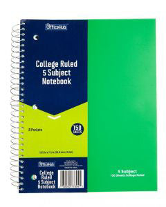 Office Hub College Ruled 5 Subject Spiral Notebook, Assorted