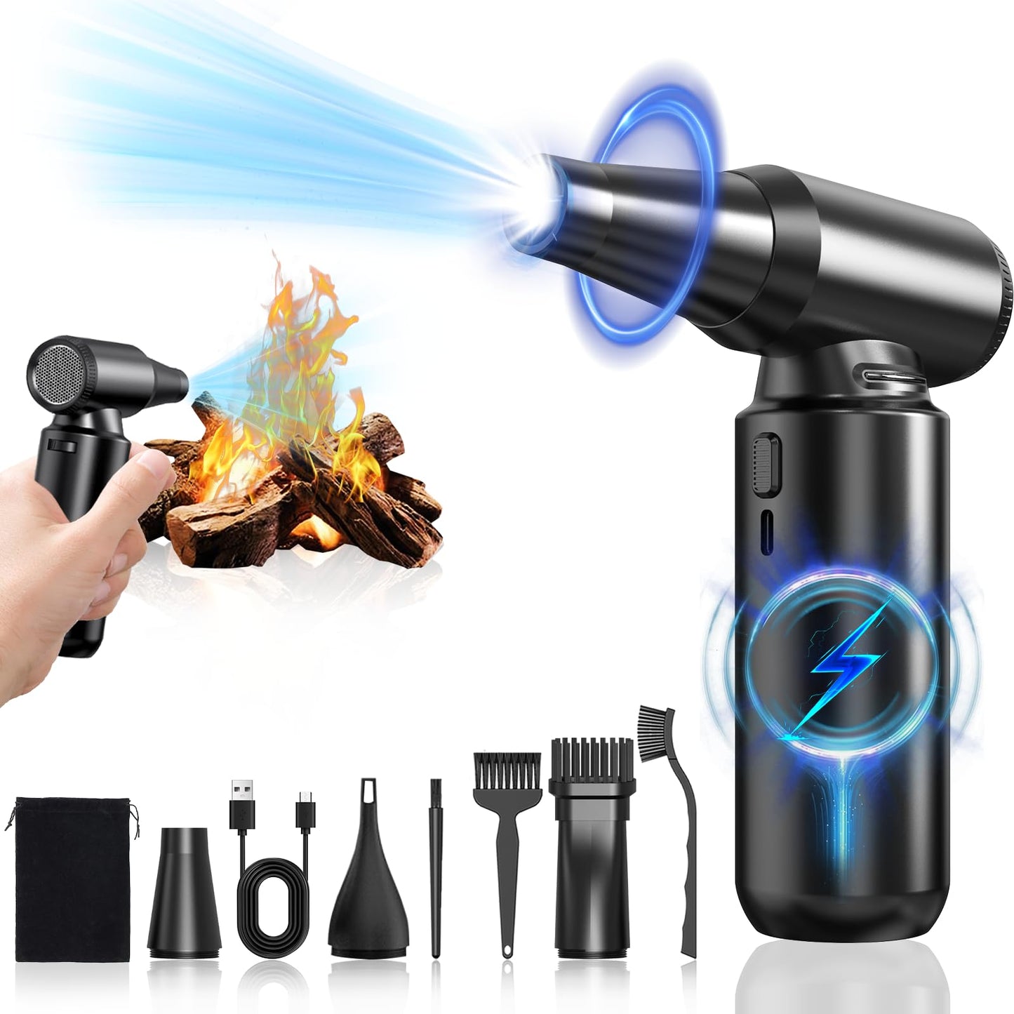 Compressed Air Duster - Aluminum Alloy Shell, 300,000RPM High-Speed Cordless Electric Air Duster | 3-Gear Adjustable with LED Flashlight & Brushless Motor | Dust Blower for Keyboard, PC, Car and Home