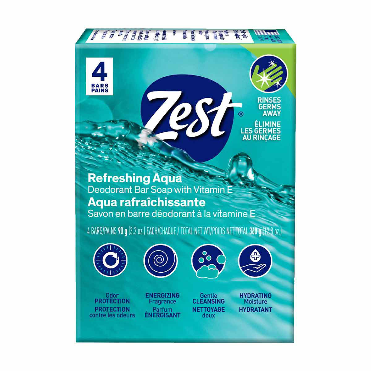 Zest Refreshing Aqua Deodorant Bar Soap with Vitamin E, 4 pk