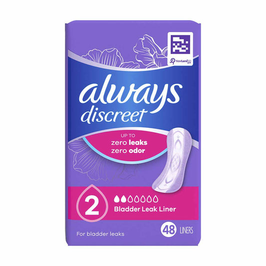 Always Discreet Incontinence Panty Liners for Bladder Leaks, Size 2, Very Light Absorbency, 48 CT