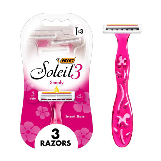BIC Soleil Simply Smooth Women's Disposable Razors, 3 Blades With Moisture Strip For a Silky Smooth Shave, 3 Piece Razor Set