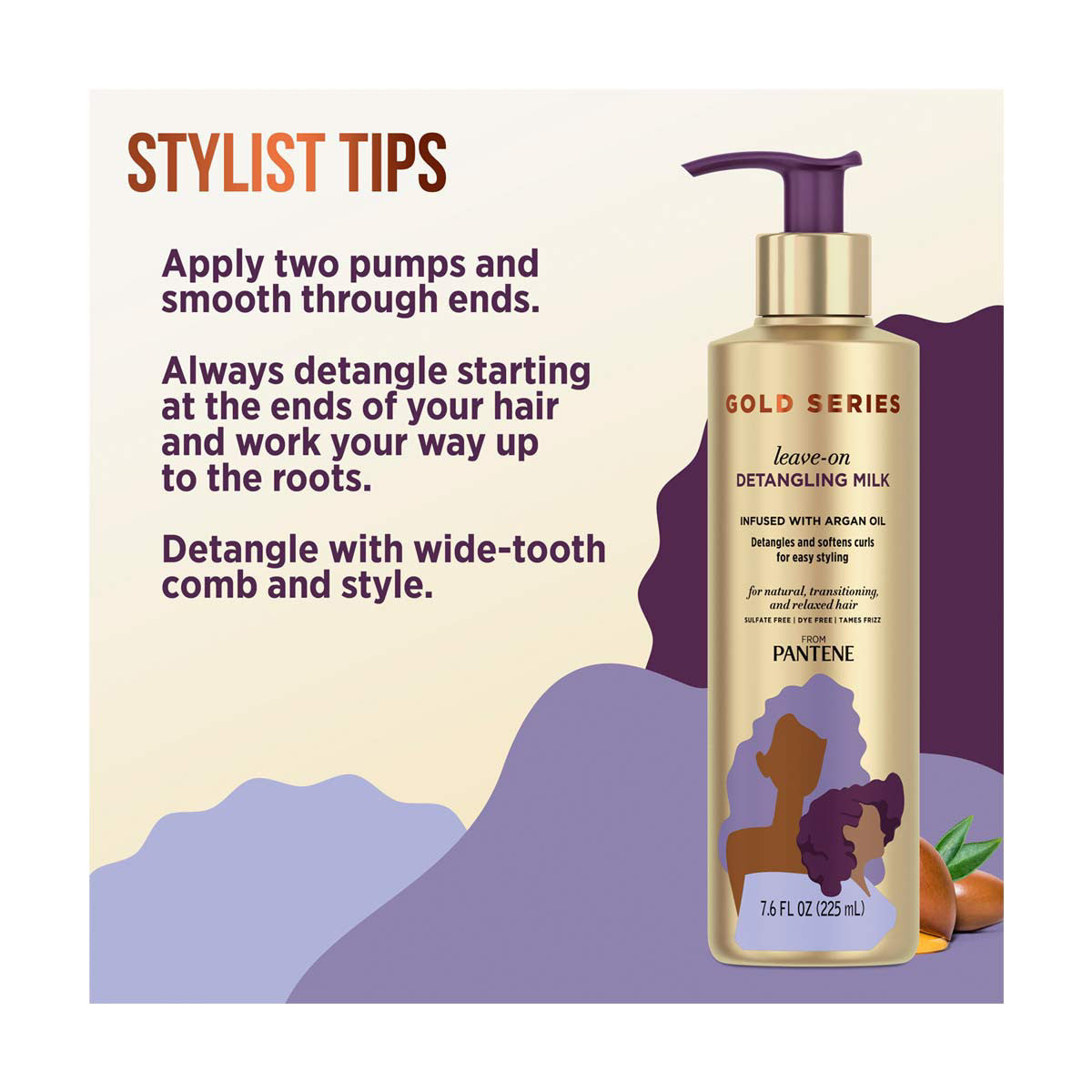 Pantene Gold Series Leave-On Detangling Milk, Infused with Argan Oil, 7.6 fl oz