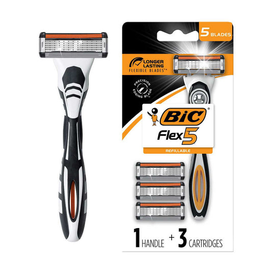 BIC Flex 5 Refillable Razors for Men, Long-Lasting 5 Blade Razors, 1 Handle and 3 Cartridges, 1 kit