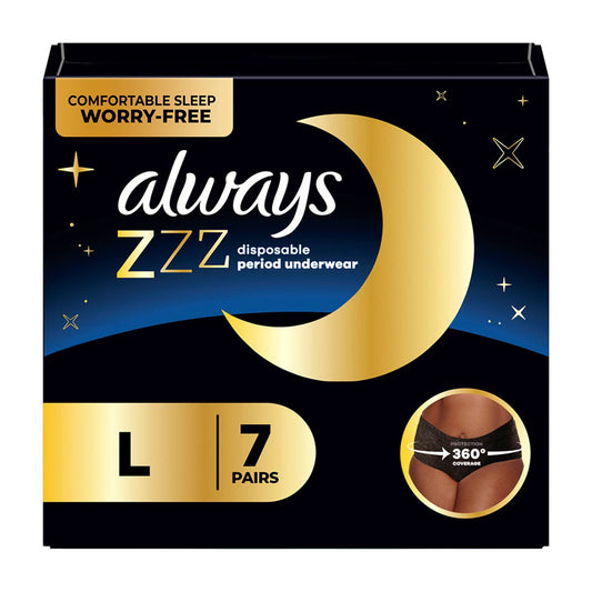 Always ZZZ Overnight Disposable Period Underwear for Women Sz L, 360° Coverage for Worry-Free Nights, 7 Count