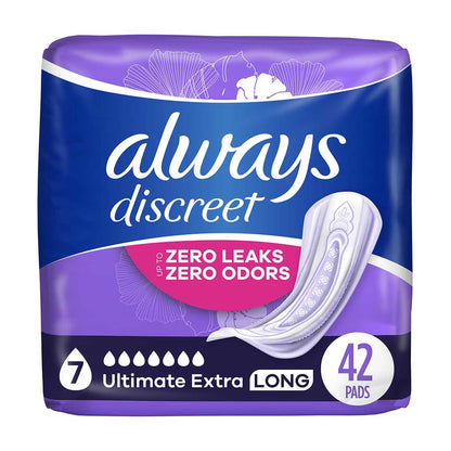 Always Discreet Adult Incontinence Pads for Women, Ultimate Extra Protect Absorbency, Long Length, Postpartum Pads, 42 CT