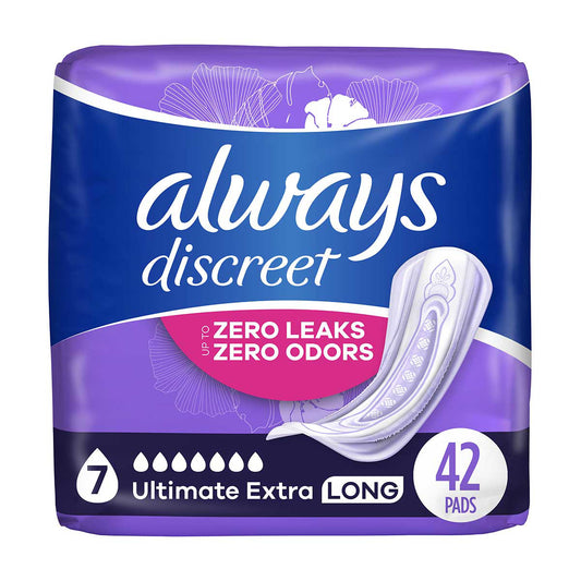 Always Discreet Adult Incontinence Pads for Women, Ultimate Extra Protect Absorbency, Long Length, Postpartum Pads, 42 CT