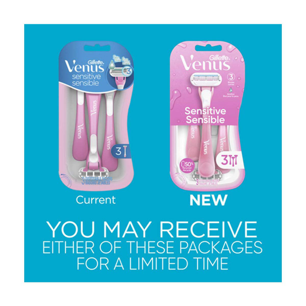 Venus Sensitive Women's Disposable Razor, 3 Count