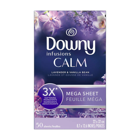 Downy Infusions Mega Dryer Sheets, Laundry Fabric Softener, CALM, Lavender and Vanilla Bean, 50 Count