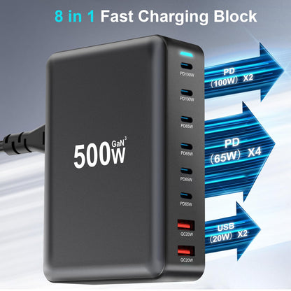 500W USB C Fast Charger Block, 8 Port USB Charging Station, GaN Ⅲ Pro Double 100W PD PPS Port Fast Charging Station for Multiple Devices,Laptop Wall Charger Compatible with MacBook/iPhone 16/iPad etc
