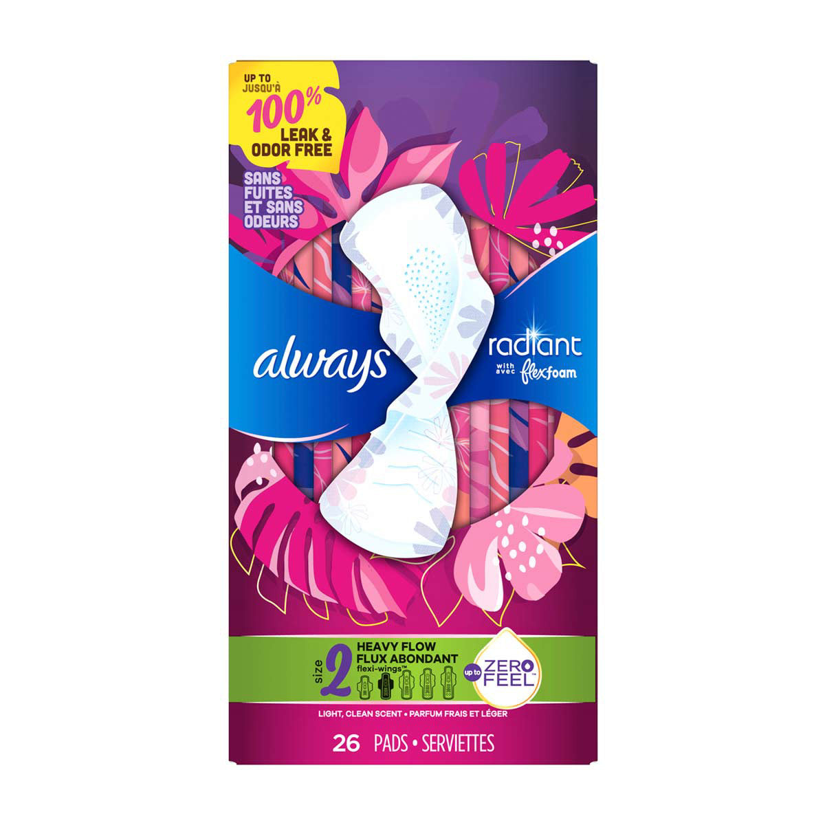 Always Radiant with FlexFoam Pads with Wings, Size 2 Heavy Flow, 26 ct