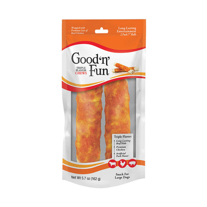 Good ’n’ Fun Triple Flavor 7 Inch Rolls, Rawhide Chews for Dogs, 2 ct