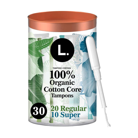 L. Cotton Tampons Regular/Super Absorbency Multipack, Free from Chlorine Bleaching, Pesticides, Fragrances, or Dyes, 30 Count