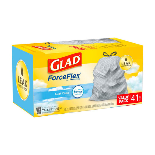 Glad ForceFlex 13 Gallon Tall Kitchen Drawstring Trash Bags - Fresh Clean Scent with Febreze, 41 ct